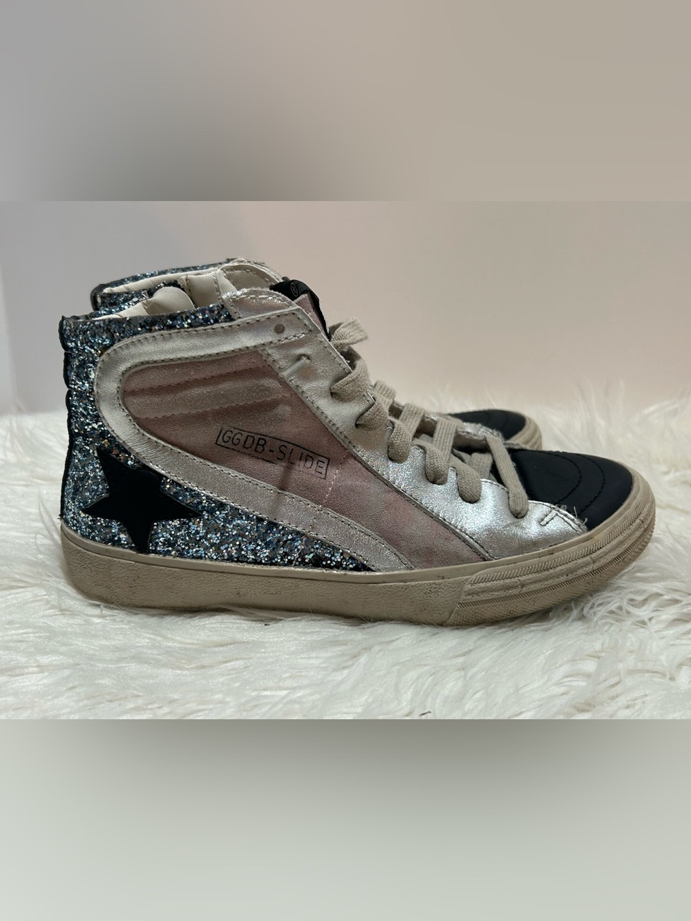 GGDB-Style High-Top Sneakers in Silver & Glitter Sz 38